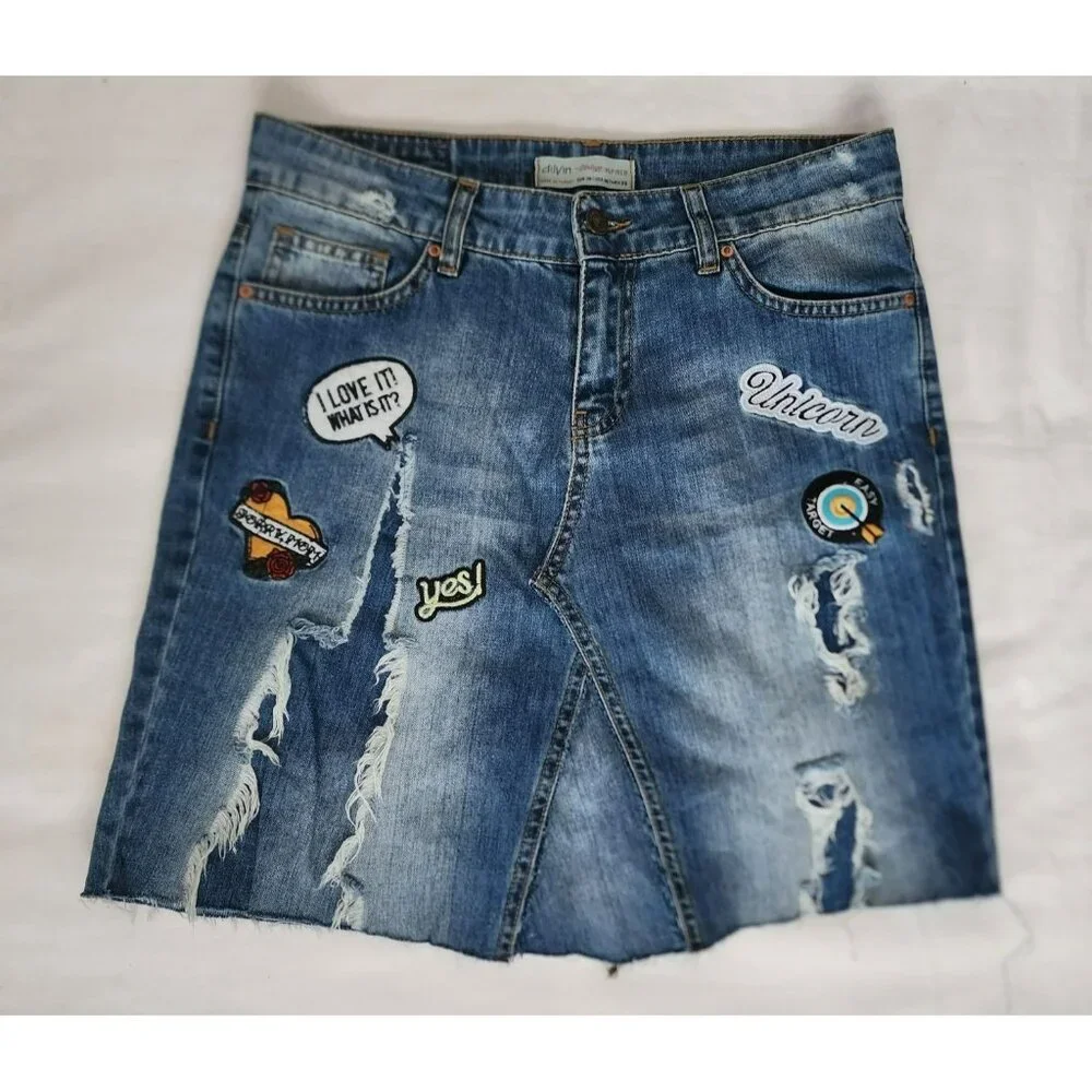 Dilvin Jeans Women's MAVI Blue Denim Patchwork Distressed Skirt Size US 06/EU-38 - Picture 4 of 12